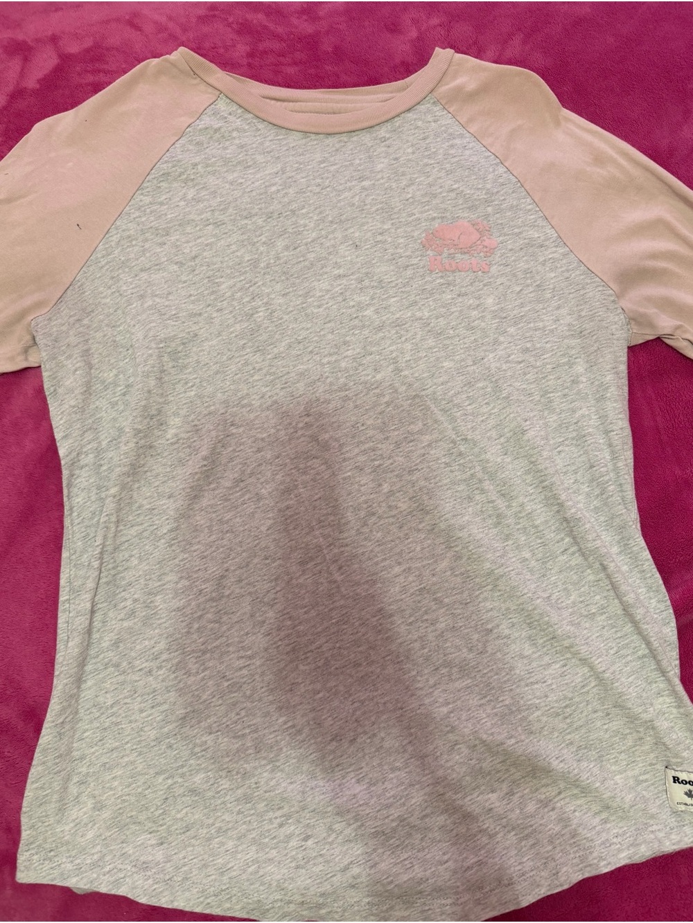 Roots Raglan Tee in Light Gray and Pink